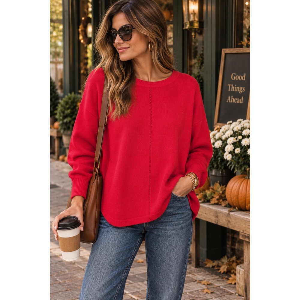 Max Studio Womens Red Pointelle Seam High-Low Crew Neck Knit Sweater Size S